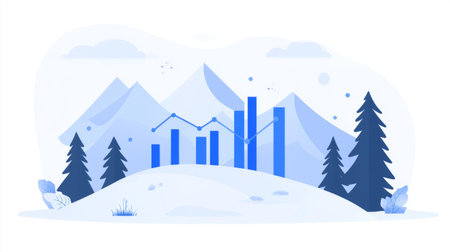 Scenic illustration of data visualization with graphs and mountains. The blue color scheme creates a peaceful atmosphere, perfect for representing data analysis and technology themes.の素材