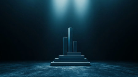 This abstract image features geometric shapes arranged on a pedestal in a dark space, illuminated by soft, dramatic lighting, creating an artistic and minimalistic atmosphere.の素材