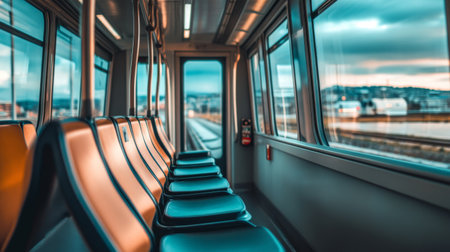 A serene view of an empty train interior featuring blue and orange seats, captured under soft lighting. This image highlights modern transportation design and urban travel atmosphere.の素材