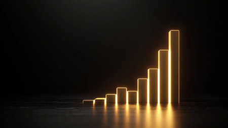 This image features a glowing golden bar chart on a dark background, symbolizing business growth and success. Ideal for presentations and marketing materials.の素材