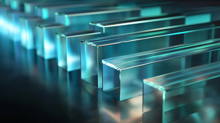 A captivating abstract image of glass shapes reflecting light, showcasing modern design and technology. The smooth surfaces and vibrant colors create an artistic balance.の素材