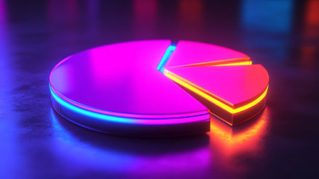 This vibrant neon pie chart features glowing edges, set against a dark background. It serves as a modern and creative tool for data visualization and business presentations.の素材