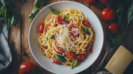 An overhead shot of a hearty bowl of pasta primavera, loaded with fresh vegetables, drizzled with olive oil, and topped with grated cheese, vibrant and appetizingの素材