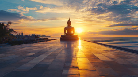 A stunning view of a Buddha statue silhouetted against a vibrant sunset over the tranquil ocean. Ideal for promoting peace, spirituality, and relaxation.の素材