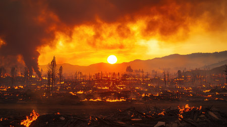 A sunset over a smoke-filled horizon, capturing the aftermath of wildfires fueled by climate change, with darkened skies and charred landの素材