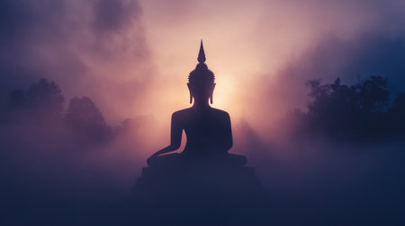 A captivating silhouette of a Buddha statue emerges from the mist at sunrise. This serene moment captures the essence of tranquility and spiritual awakening in nature.の素材