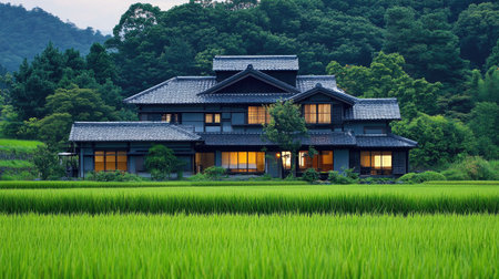 A traditional Japanese farmhouse with rice fields in the background, showcasing the harmony between the structure and its natural surroundingsの素材