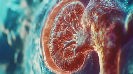 An infographic-style image of the human kidney, showing its structure and function, with labels indicating the renal cortex, medulla, and pelvisの素材