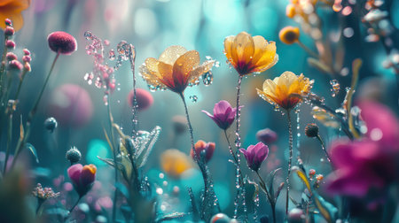 A vibrant flower garden captured in the early morning, with droplets of water clinging to the petals, creating a refreshing and lively atmosphereの素材