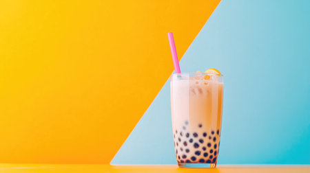A vibrant glass of bubble tea filled with creamy milk tea and chewy tapioca pearls, garnished with a colorful straw, set against a bright, cheerful backgroundの素材