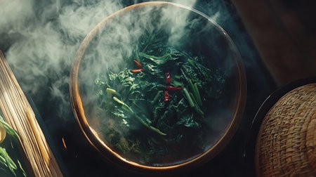 An overhead view of a steaming bowl of water spinach stir-fried with garlic and red chili, with a drizzle of sauce, highlighting the texture and freshnessの素材