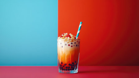 A vibrant glass of bubble tea filled with creamy milk tea and chewy tapioca pearls, garnished with a colorful straw, set against a bright, cheerful backgroundの素材