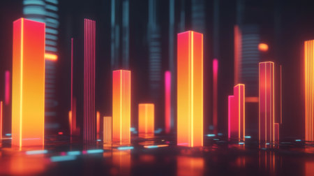 This captivating digital artwork features a neon-lit cityscape with vibrant glowing bars. It represents a modern vision of technology, abstraction, and innovation.の素材