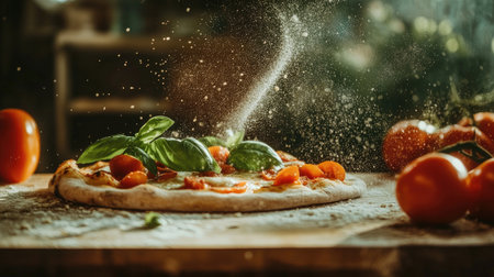 Close-up of a delicious margherita pizza, topped with fresh basil, mozzarella, and tomatoes, on a wooden pizza peel, with a sprinkle of flour around itの素材