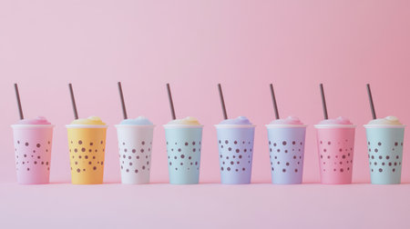 A whimsical arrangement of bubble tea cups in various flavors and colors, set against a pastel background, creating a fun and inviting atmosphereの素材