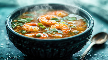 An artistic shot of a bowl of hot shrimp soup with a spoon resting beside it, with steam rising and droplets of broth glistening, inviting indulgenceの素材