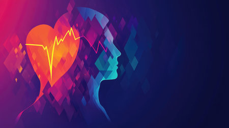 An artistic depiction of a heartbeat graphic integrated into a human silhouette, highlighting the connection between life and health in a vibrant designの素材
