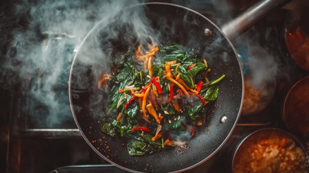 An overhead view of a steaming bowl of water spinach stir-fried with garlic and red chili, with a drizzle of sauce, highlighting the texture and freshnessの素材