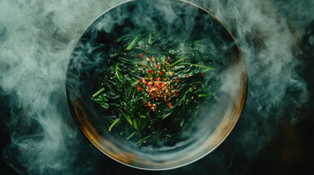 An overhead view of a steaming bowl of water spinach stir-fried with garlic and red chili, with a drizzle of sauce, highlighting the texture and freshnessの素材