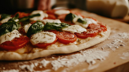 Close-up of a delicious margherita pizza, topped with fresh basil, mozzarella, and tomatoes, on a wooden pizza peel, with a sprinkle of flour around itの素材