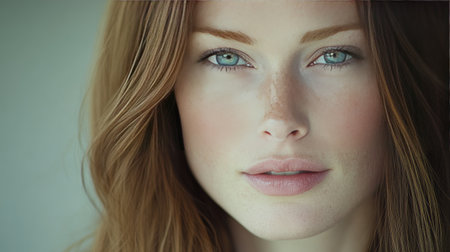 Beautiful woman with a natural look, freckles visible on her cheeks, soft focus, and gentle lighting creating a fresh and vibrant appearanceの素材
