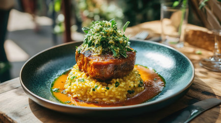 An elegant dish of osso buco served on a plate, garnished with gremolata, accompanied by saffron risotto, highlighting traditional Italian flavorsの素材
