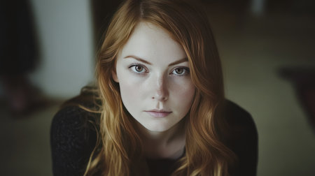 Stunning woman with flawless skin and subtle makeup, looking directly at the camera with a captivating gaze, soft and inviting backgroundの素材