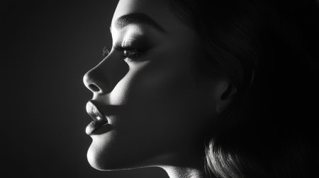 Profile view of a woman with long hair, showcasing her elegant jawline and glowing skin, soft natural light creating a flattering effectの素材