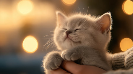 Vet gently holding a kitten, examining its ears, soft lighting, intimate moment of care in a cozy clinicの素材