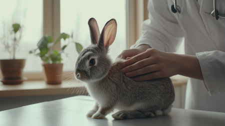 Vet providing a check-up to a rabbit on an examination table, soft hands and gentle approach, light streaming in through a windowの素材
