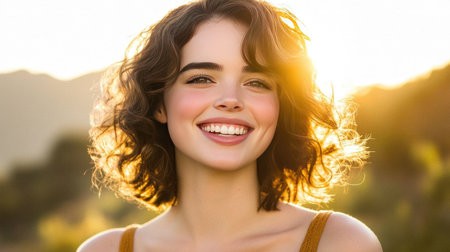 Portrait of a woman with a joyful smile, bright eyes sparkling with happiness, natural light casting a warm glow on her radiant faceの素材