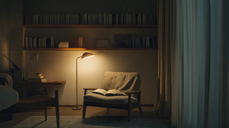 Cozy nook in a minimalist living room with a small reading area, featuring a simple armchair, bookshelf, and soft lighting, peaceful ambianceの素材