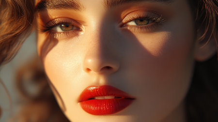 Stunning close-up of a woman's face with beautiful makeup, highlighting her lips and eyes, soft focus and elegant backdrop enhancing her allureの素材