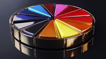 A vibrant circular palette showcasing a variety of bold colors reflects creatively on a dark surface, perfect for art, design, or photography projects.の素材