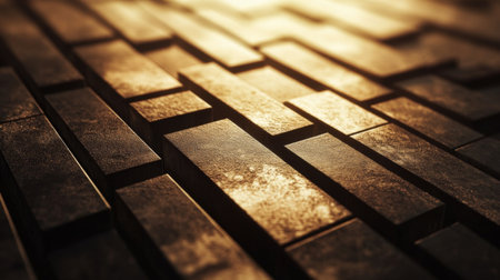 This abstract image features a textured background showcasing rectangular shapes illuminated by warm light. The interplay of shadows adds depth and dimension.の素材