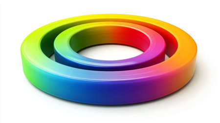 This image features three interlocking rings with a vibrant rainbow gradient. The smooth, glossy texture enhances the colorful design, making it suitable for various artistic and creative projects.の素材