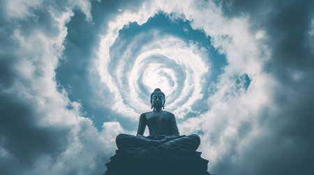 A serene Buddha statue sits in meditation beneath swirling clouds, creating a tranquil atmosphere. This image captures the essence of peace and spirituality in nature.の素材