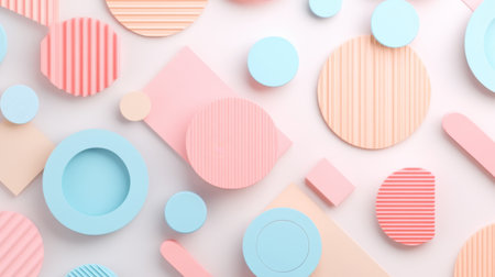 A vibrant collection of colorful geometric shapes in soft pastel tones, arranged playfully on a light background, perfect for creative design projects.の素材