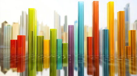 Bright and colorful data visualization features tall bars representing metrics and statistics. The urban skyline serves as a backdrop, creating a modern and professional atmosphere.の素材