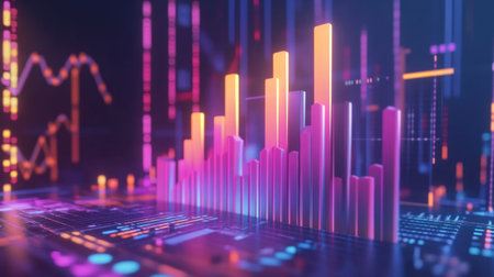 This vibrant digital visualization features colorful bar graphs and dynamic analytics, showcasing statistical data in a futuristic design suitable for technology and finance themes.の素材