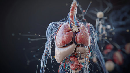 Explore a detailed 3D model of human organs, showcasing the lungs, liver, and heart connected by intricate networks, ideal for educational and medical purposes.の素材