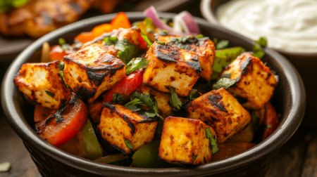 A vibrant grilled tofu salad featuring colorful vegetables and rich spices. Perfect for health-conscious individuals seeking a delicious and nutritious meal.の素材