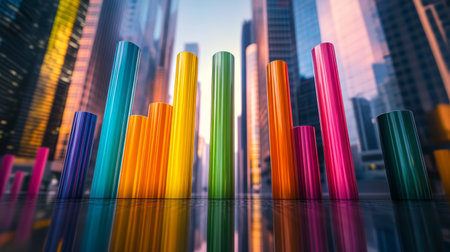 This vibrant image showcases a colorful bar graph set against a stunning city skyline during sunset, symbolizing growth and success in business and analytics.の素材
