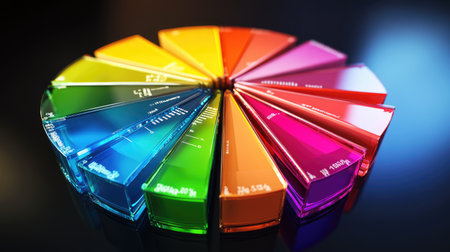 A 3D exploded pie chart with each segment floating apart from the center, vividly colored and illuminated, representing data comparison.の素材