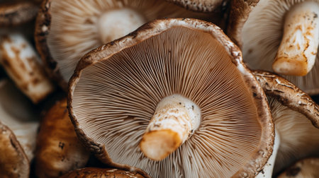 A captivating close-up of fresh mushrooms showcasing intricate gills and rich textures. Perfect for culinary arts, food blogs, or related themes.の素材