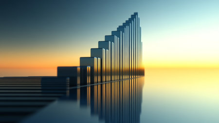 A stunning abstract image featuring metallic structures that reflect the colors of a sunset over a calm body of water, creating a serene atmosphere.の素材