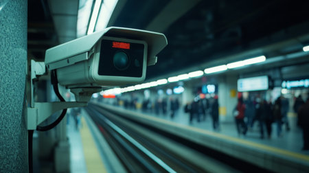 A close-up of a surveillance camera positioned in a busy train station, capturing the movement of commuters in a modern urban environment.の素材