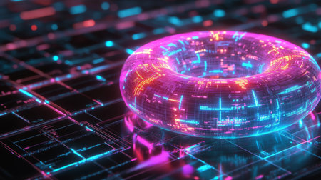 A stunning neon torus shape radiates vibrant colors against an abstract digital background, showcasing a fusion of technology and art. Perfect for creative projects.の素材
