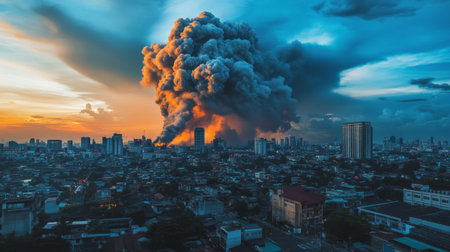 A stunning city skyline during sunset with a large plume of smoke billowing into the sky. The scene captures the dynamic clash between urban life and nature.の素材