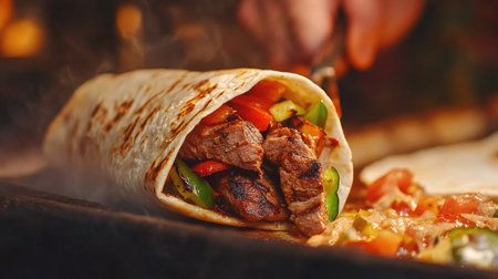 A close-up of a kebab wrap being prepared, with grilled meat, fresh veggies, and sauces being rolled in warm pita bread, capturing the deliciousness of this popular street food option.の素材